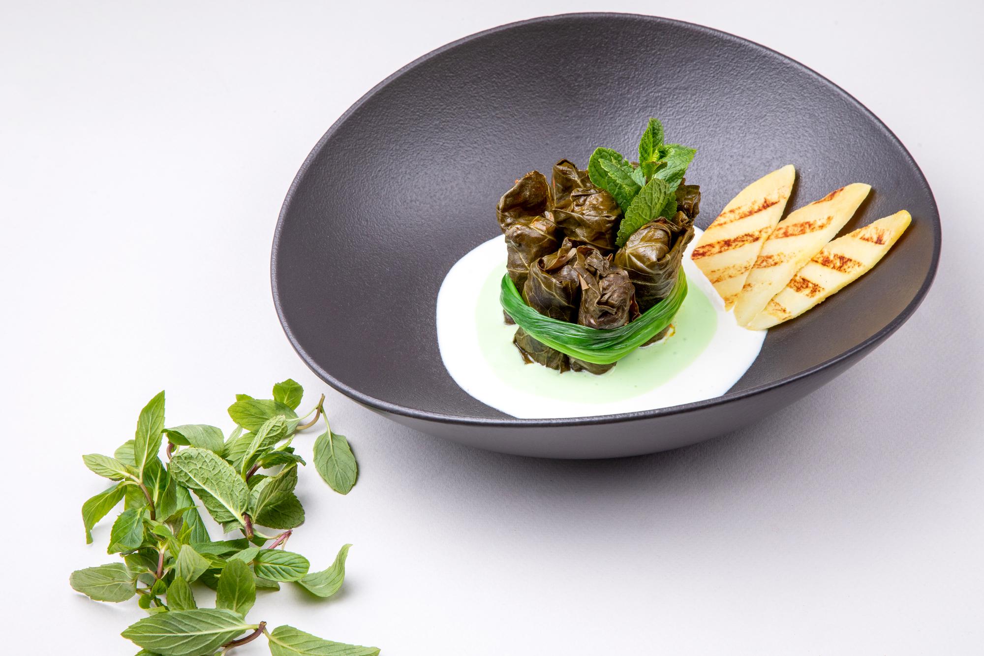 Plated entrée with microgreens and sauce