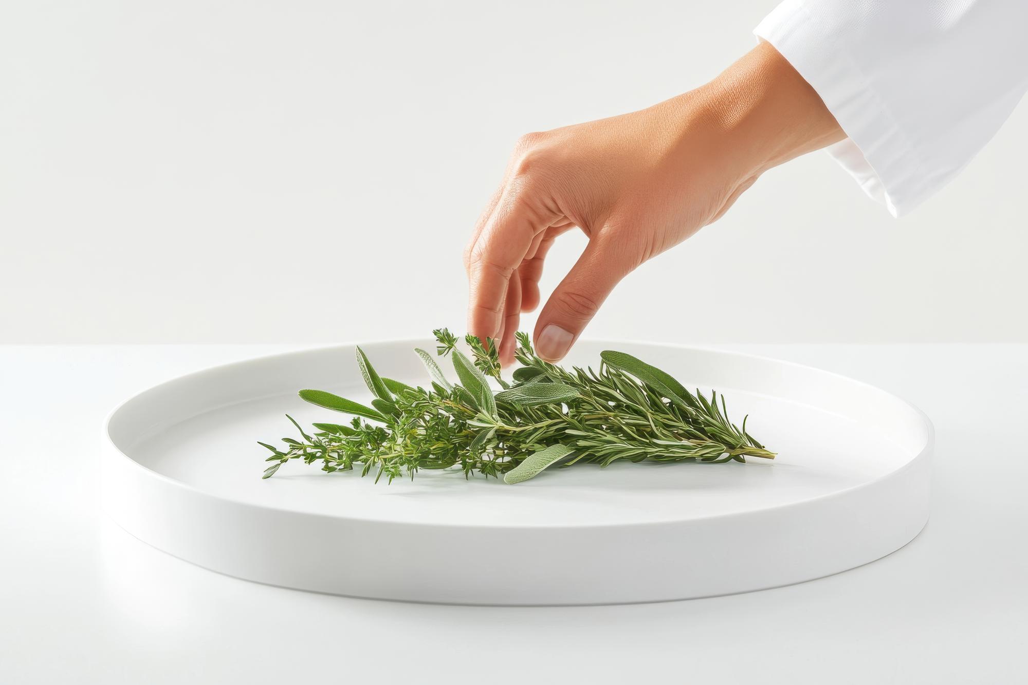 Chef preparing plated dish with herbs
